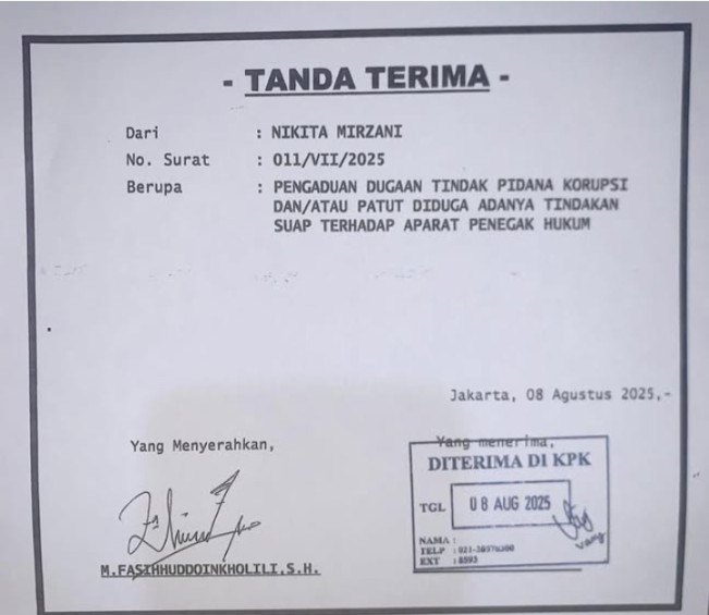 Nikita Mirzani unggah bukti tanda terima laporannya di KPK. [Instagram]